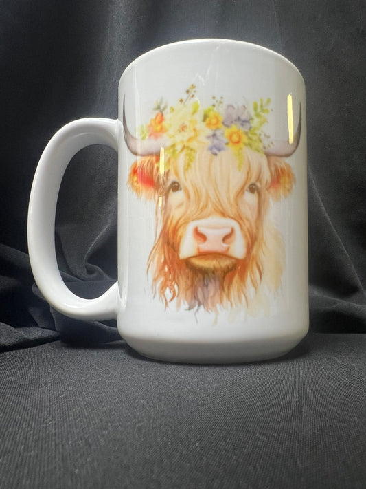 15 OZ CERAMIC GLASS MUG - Highland Cow yellow flowers