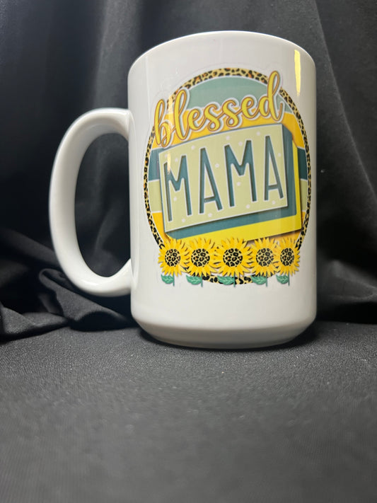 15 OZ CERAMIC GLASS MUG - Blessed Mama Sunflowers