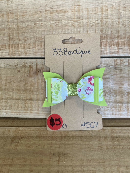 Green and White Floral Hair Bow Clip