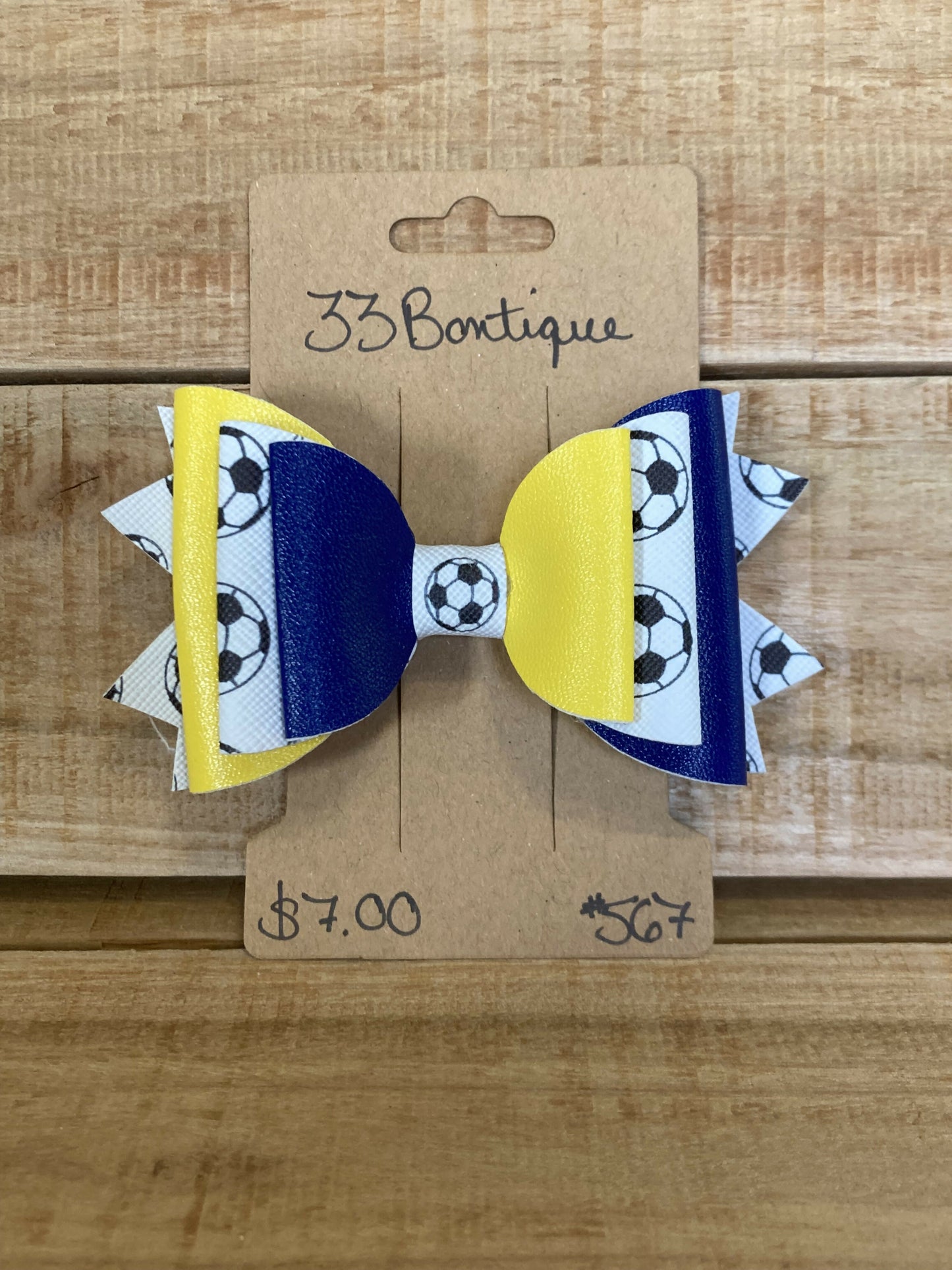 Blue and Yellow Soccer Hair Bow Clip