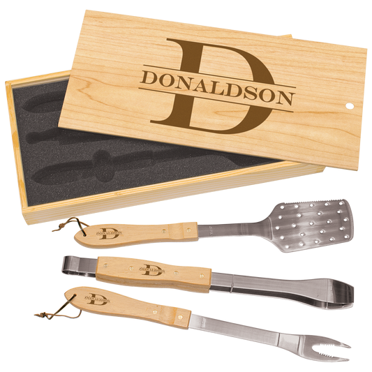 3-Piece BBQ Set in Wooden Pine Box