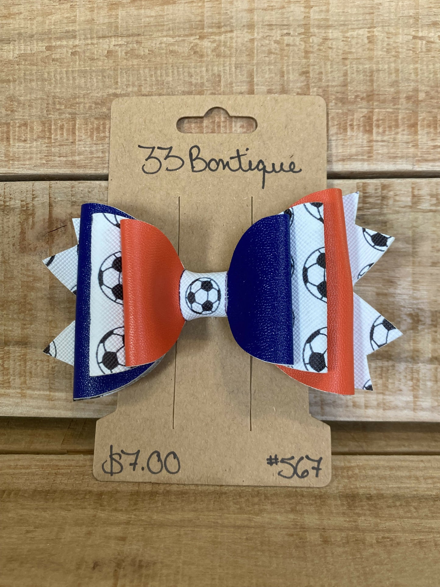 Blue and Orange Soccer Hair Bow Clip