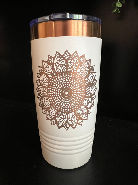 Ion Plated 20oz tumbler with slider lid. Sunflower mandala