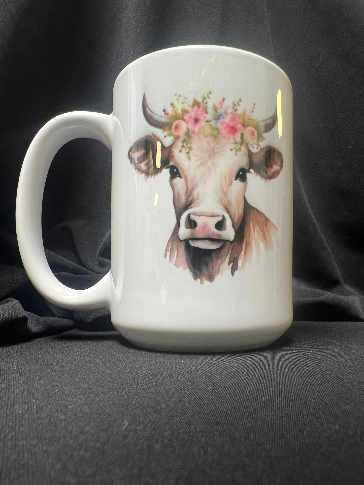 15 OZ CERAMIC GLASS MUG - Cow with pink flowers