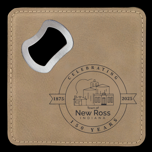 Square Leatherette Bottle Opener Coaster - Engraved with New Ross Logo