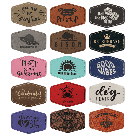 Leatherette Patches 3 1/2 x 2 1/2  standard size for hats, clothing, and more! Hex, rectangle, square, circle, and oval design.