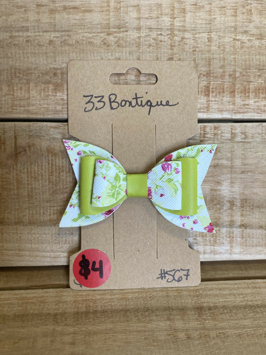 Green and Pink Floral Hair Bow Clip