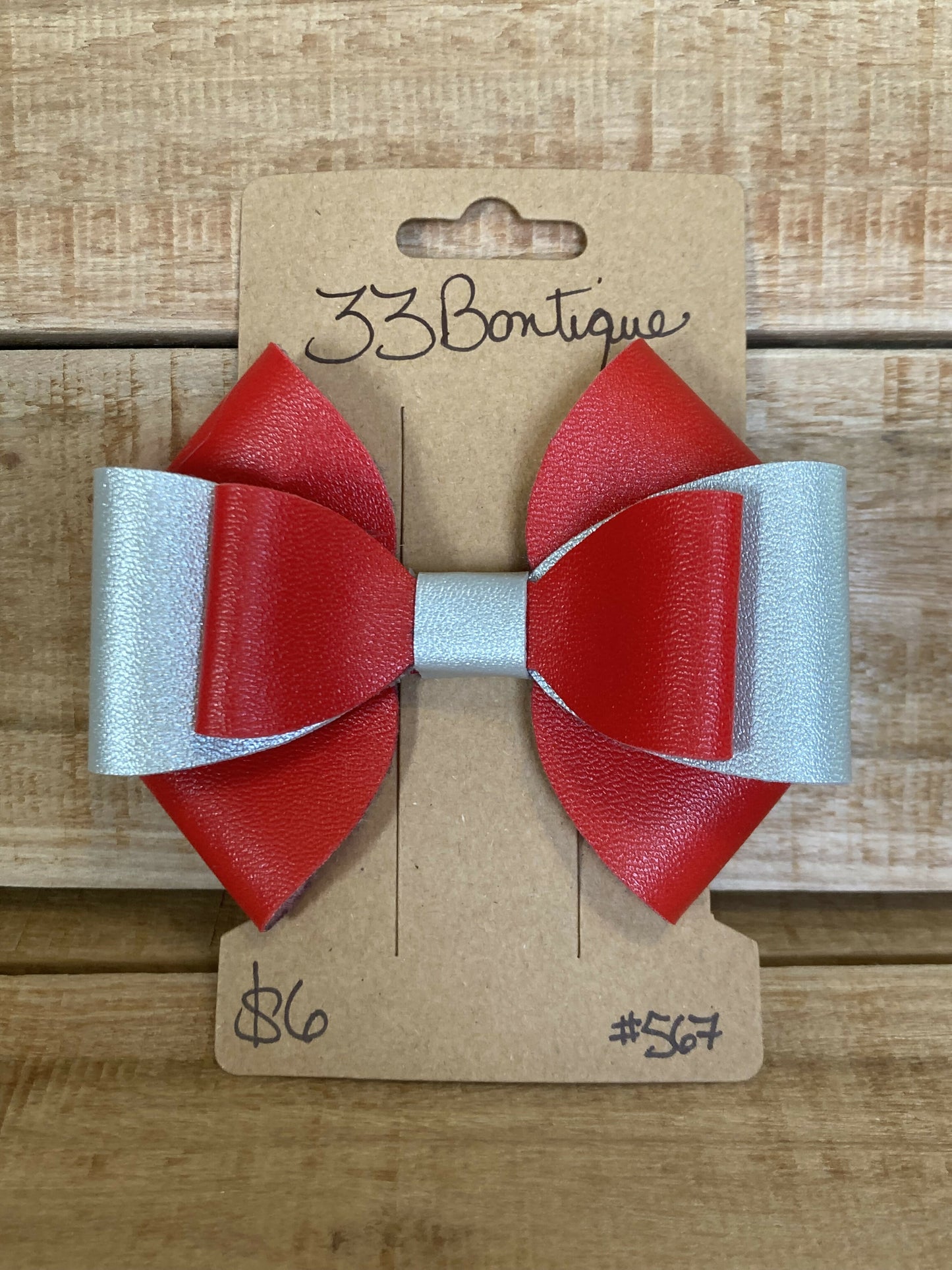 Red and Silver Hair Bow Clip