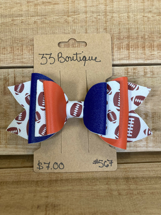 Blue and Orange Football Hair Bow Clip