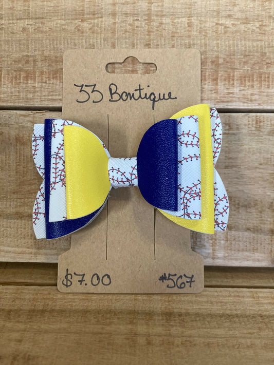 Blue and Yellow Baseball Hair Bow Clip