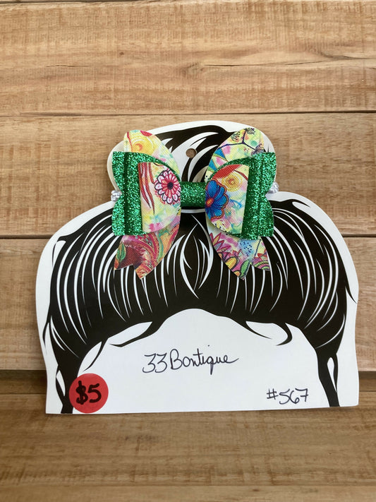 Green and Floral Print Hair Bow Ponytail