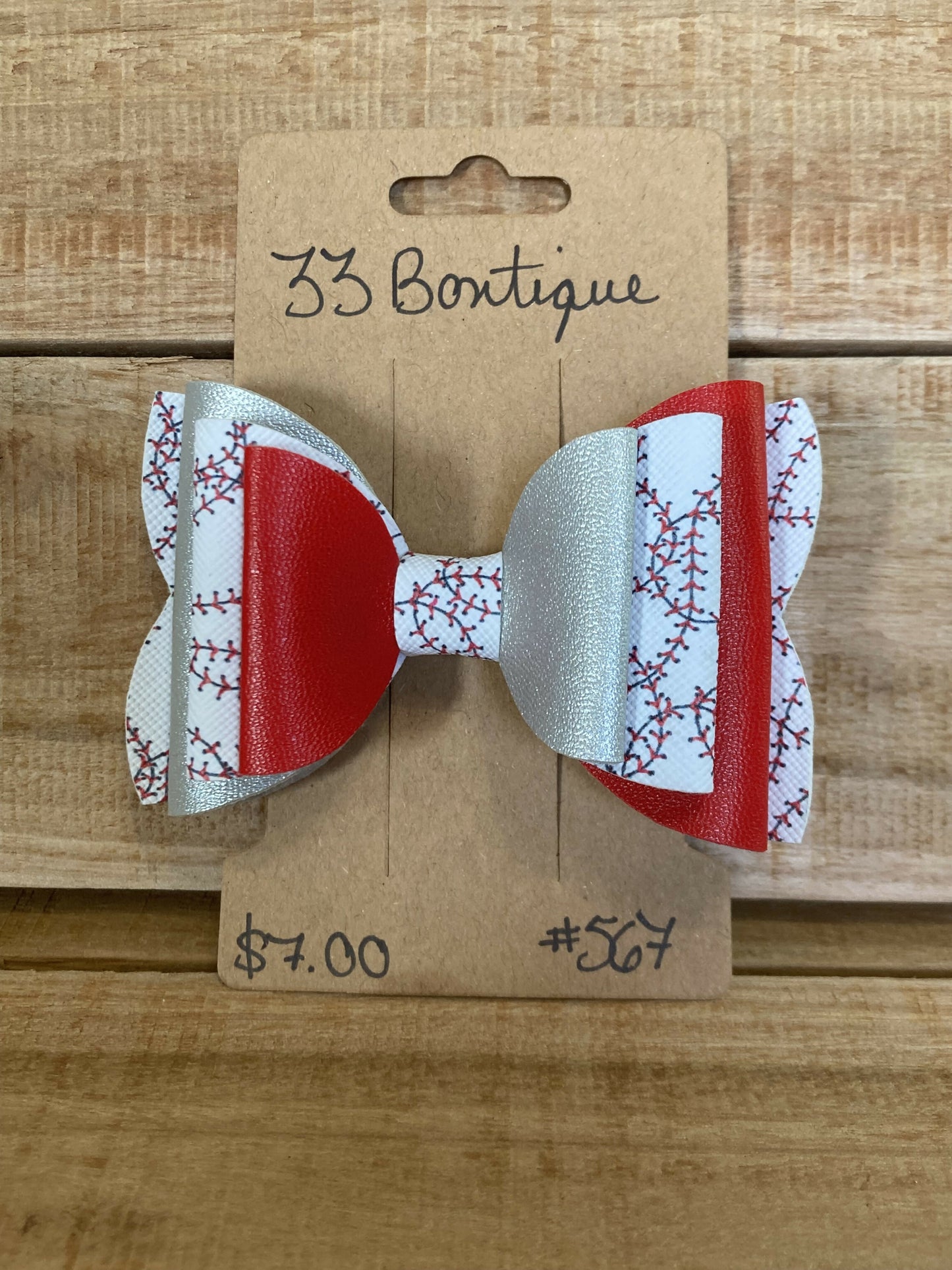 Red and Silver Baseball Hair Bow Clip