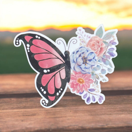 Pink Flower Butterfly Sticker